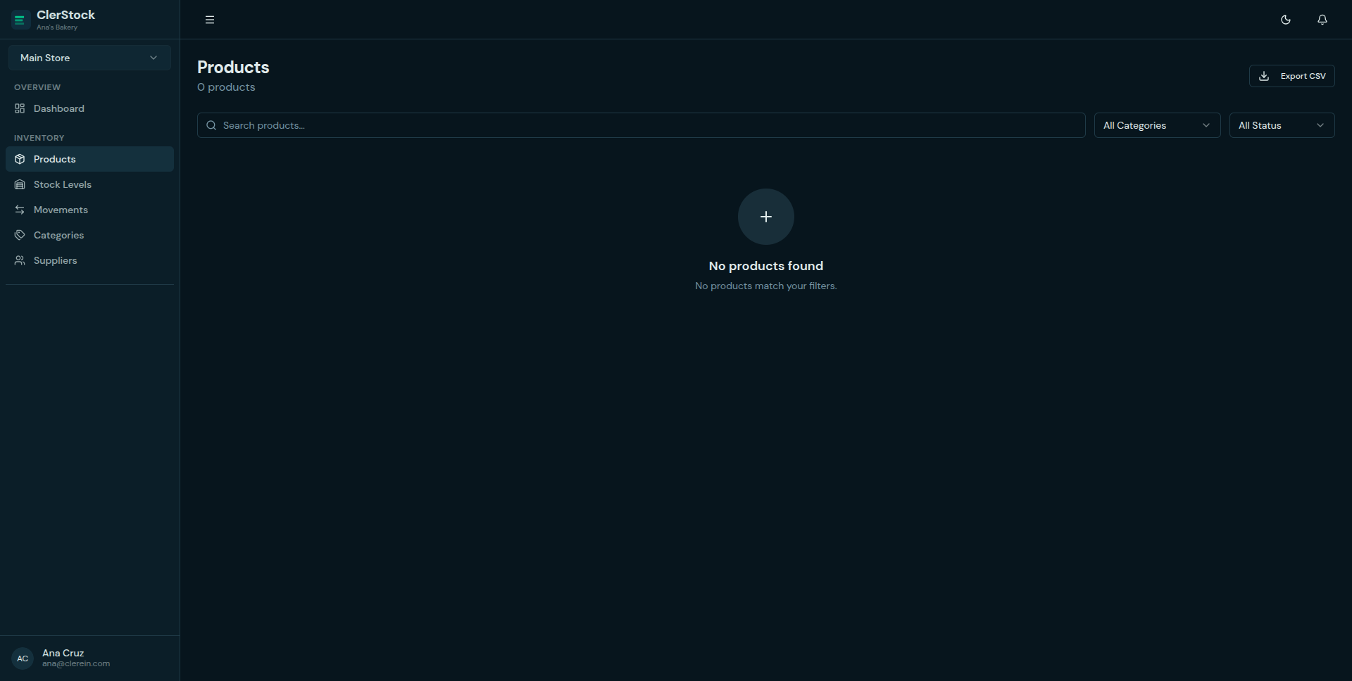 ClerStock product import and catalog management view